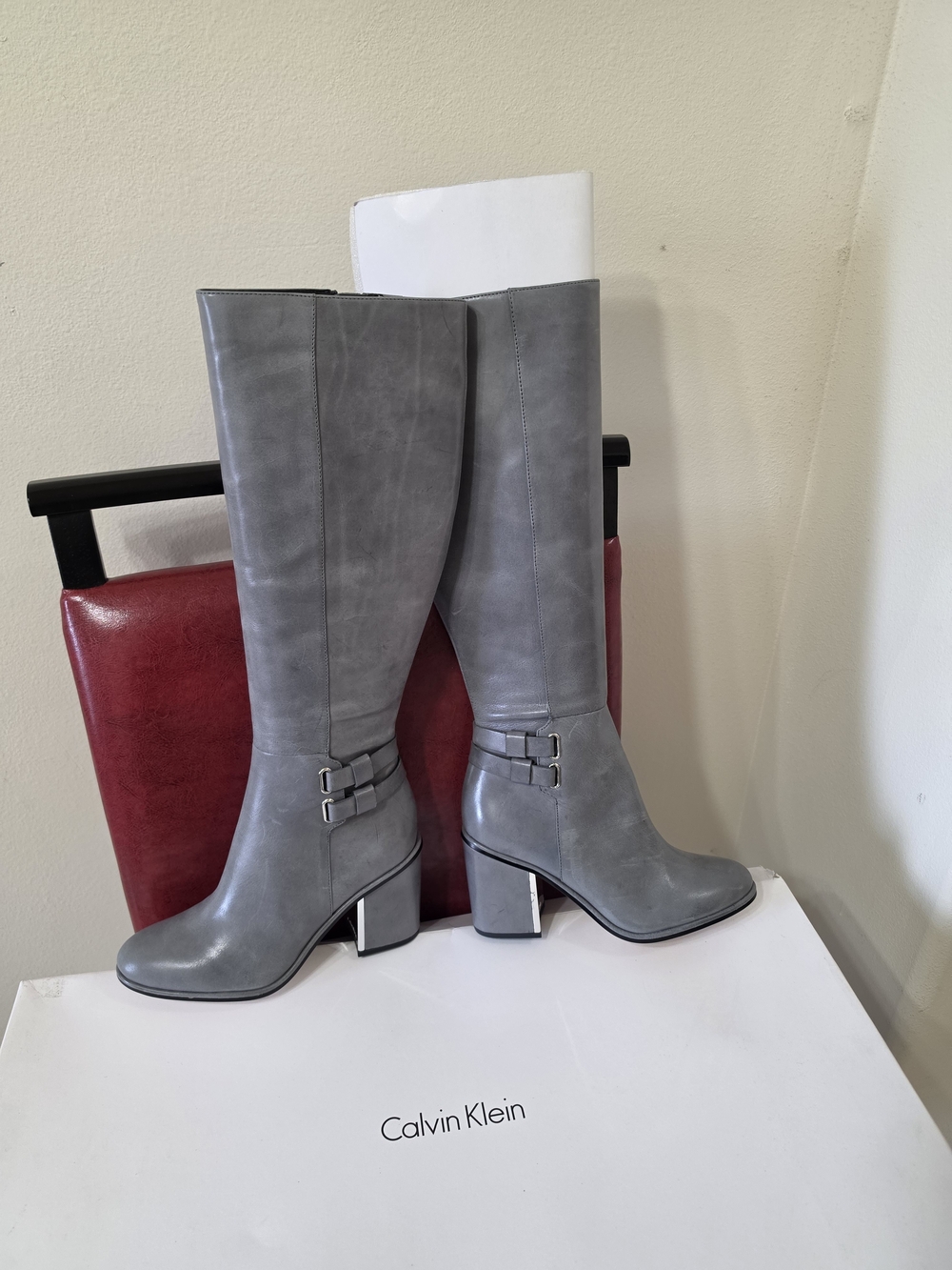 Calvin Klein Gray Knee-High Leather Boots
